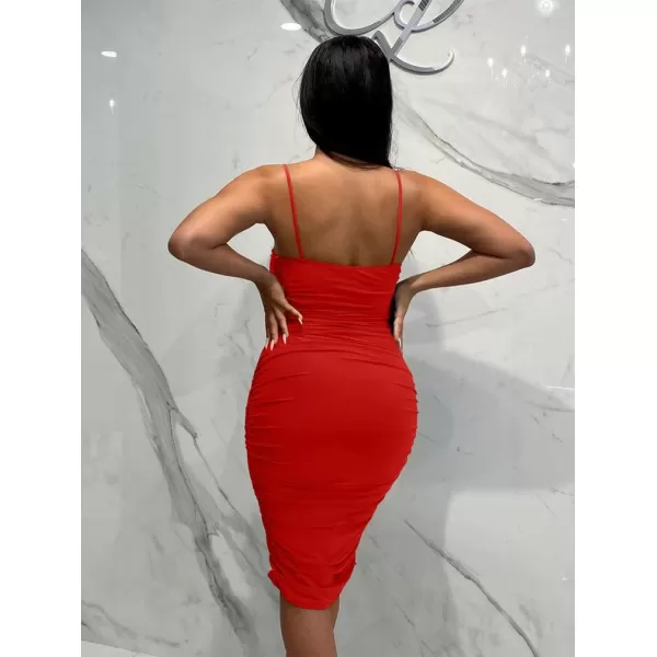 BEAGIMEG Womens Sexy Bodycon Sleeveless Spaghetti Strap Ruched Club Party Cocktail Midi DressRed