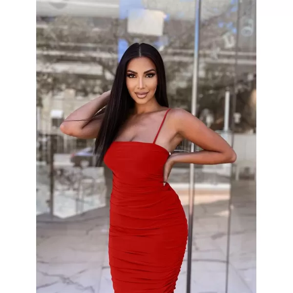 BEAGIMEG Womens Sexy Bodycon Sleeveless Spaghetti Strap Ruched Club Party Cocktail Midi DressRed