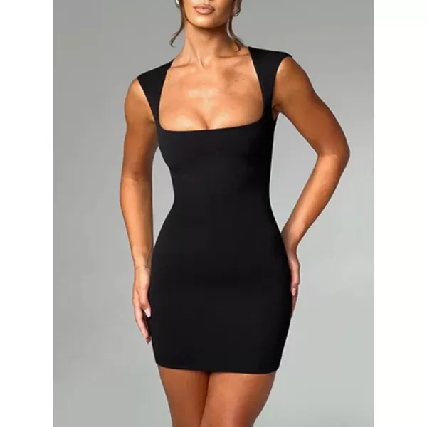 BEAGIMEG Womens Sexy Bodycon Sleeveless Square Neckline Thick Straps Party Club Mini DressBlack