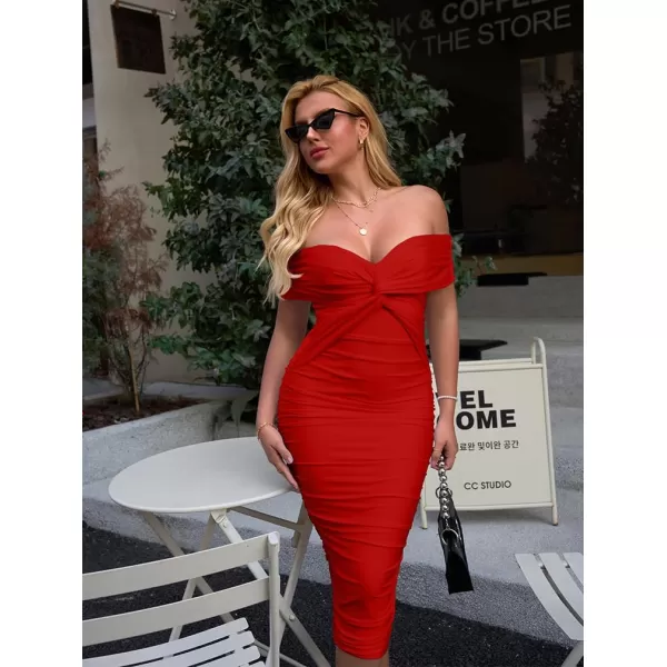 BEAGIMEG Womens Sexy Elegant Bodycon Sleeveless Ruched Off Shoulder Night Party Cocktail Midi DressRed
