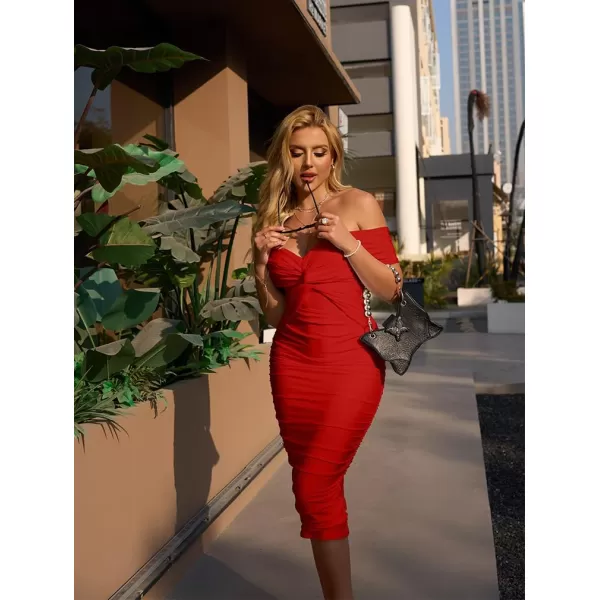 BEAGIMEG Womens Sexy Elegant Bodycon Sleeveless Ruched Off Shoulder Night Party Cocktail Midi DressRed