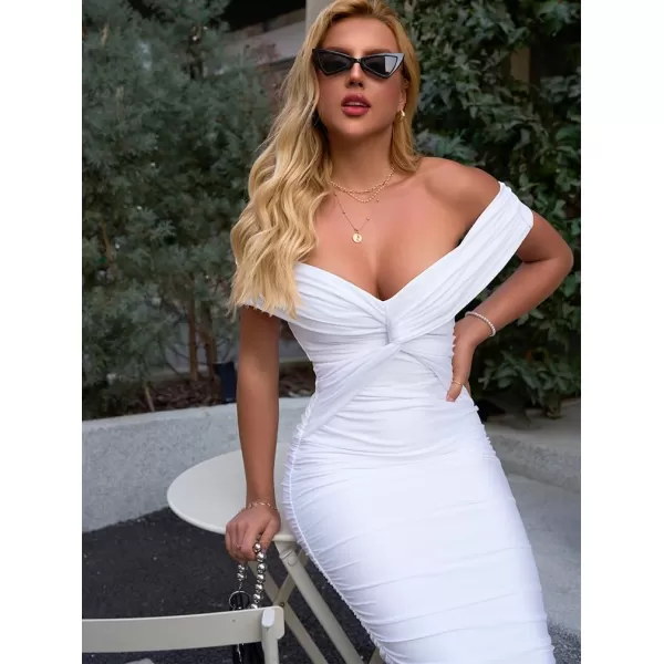 BEAGIMEG Womens Sexy Elegant Bodycon Sleeveless Ruched Off Shoulder Night Party Cocktail Midi DressWhite