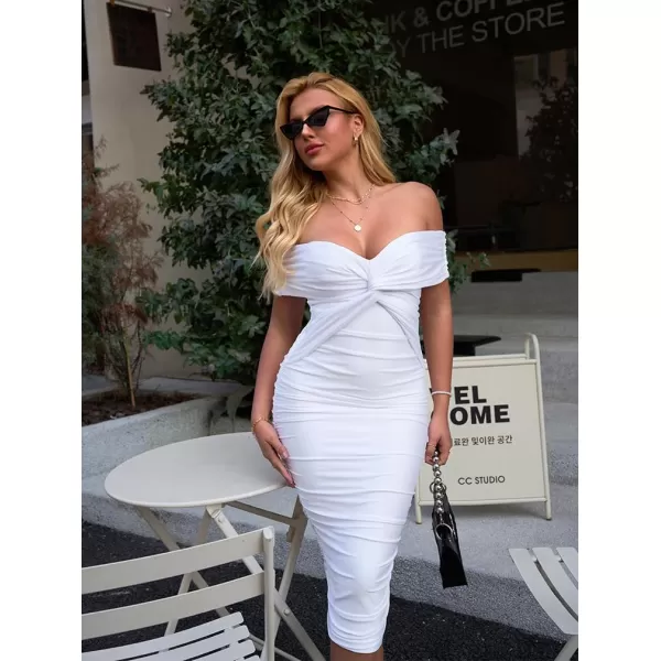 BEAGIMEG Womens Sexy Elegant Bodycon Sleeveless Ruched Off Shoulder Night Party Cocktail Midi DressWhite