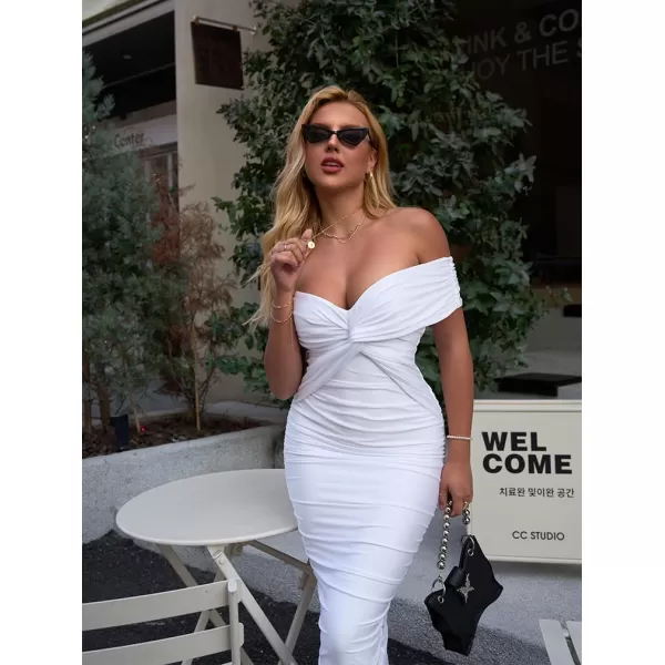 BEAGIMEG Womens Sexy Elegant Bodycon Sleeveless Ruched Off Shoulder Night Party Cocktail Midi DressWhite