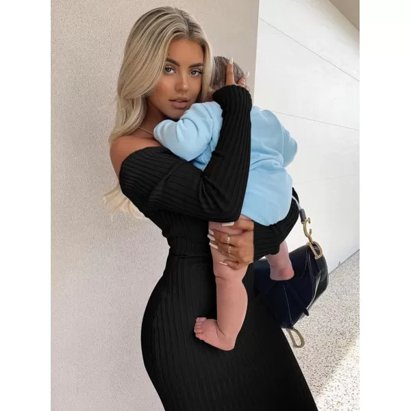 BEAGIMEG Womens Sexy Long Sleeve Off Shoulder Knit Bodycon Long DressBlack