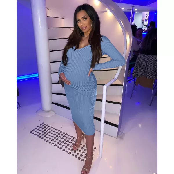 BEAGIMEG Womens Sexy Long Sleeve Off Shoulder Knit Bodycon Long DressBlue