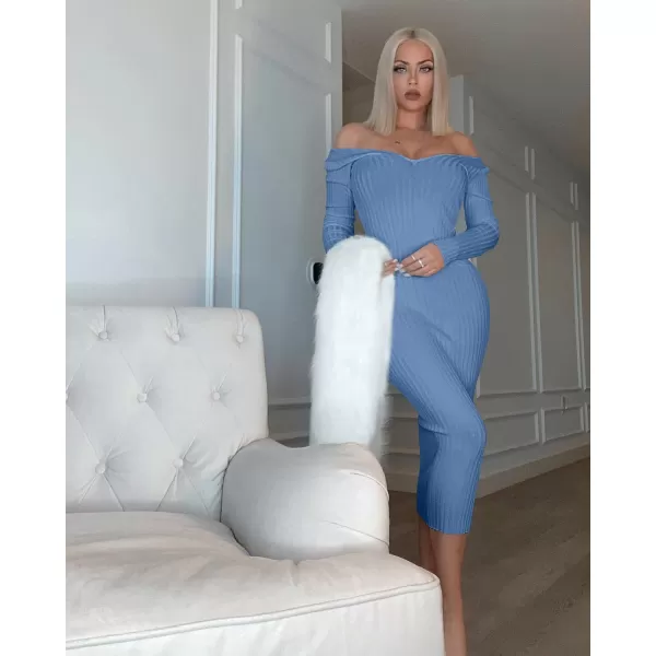 BEAGIMEG Womens Sexy Long Sleeve Off Shoulder Knit Bodycon Long DressBlue