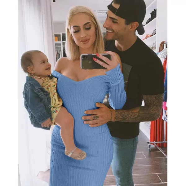 BEAGIMEG Womens Sexy Long Sleeve Off Shoulder Knit Bodycon Long DressBlue