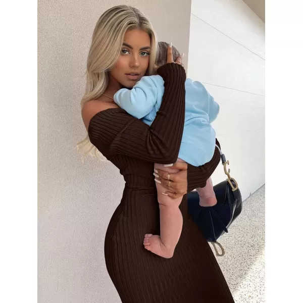 BEAGIMEG Womens Sexy Long Sleeve Off Shoulder Knit Bodycon Long DressBrown