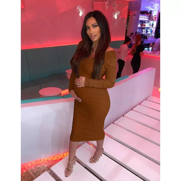 BEAGIMEG Womens Sexy Long Sleeve Off Shoulder Knit Bodycon Long DressCamel