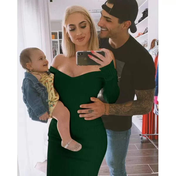 BEAGIMEG Womens Sexy Long Sleeve Off Shoulder Knit Bodycon Long DressGreen