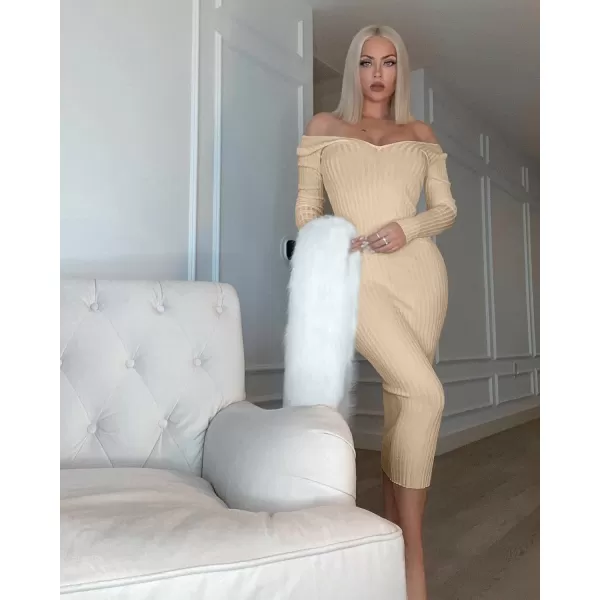 BEAGIMEG Womens Sexy Long Sleeve Off Shoulder Knit Bodycon Long DressKhaki