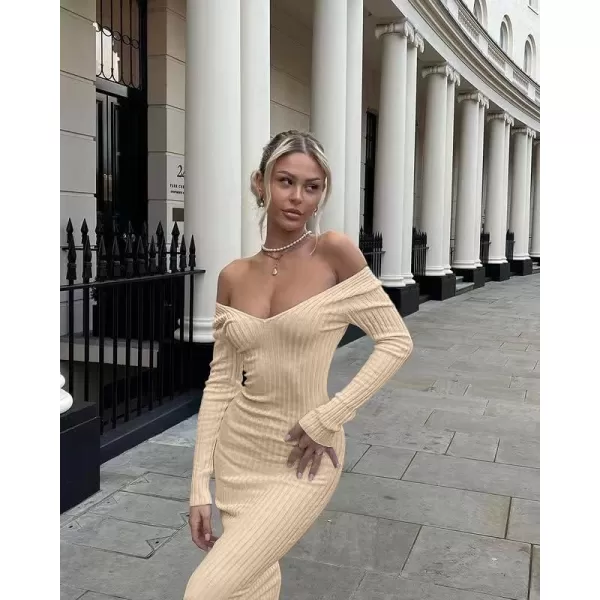 BEAGIMEG Womens Sexy Long Sleeve Off Shoulder Knit Bodycon Long DressKhaki