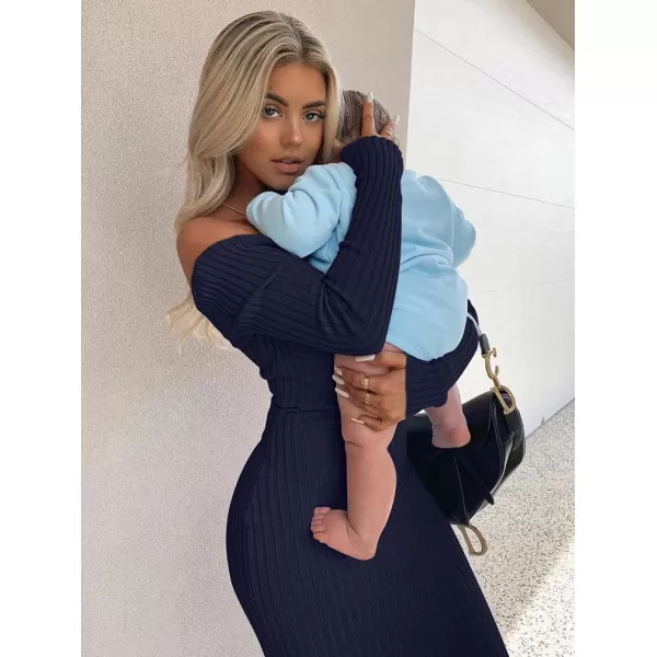 BEAGIMEG Womens Sexy Long Sleeve Off Shoulder Knit Bodycon Long DressNavy