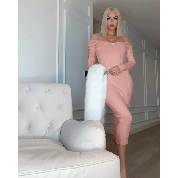 BEAGIMEG Womens Sexy Long Sleeve Off Shoulder Knit Bodycon Long DressPink