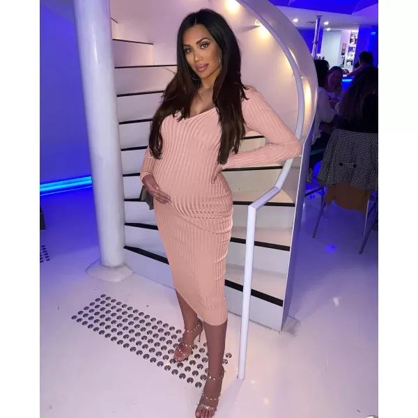 BEAGIMEG Womens Sexy Long Sleeve Off Shoulder Knit Bodycon Long DressPink