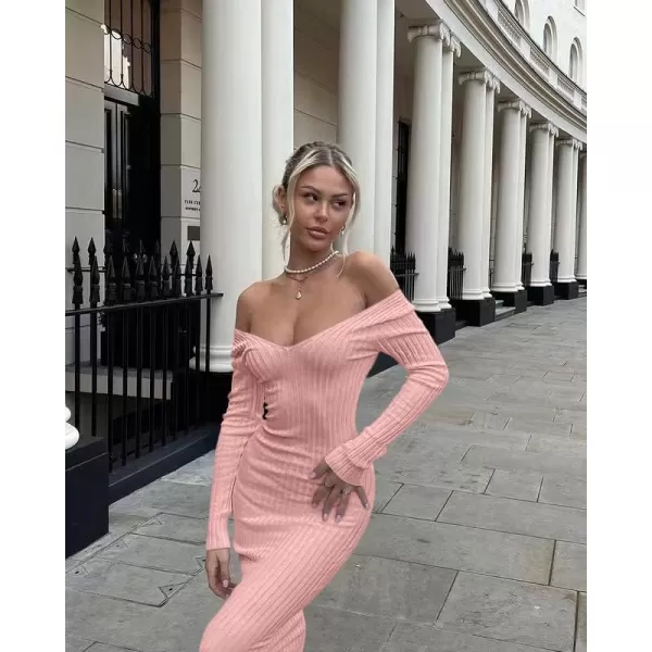 BEAGIMEG Womens Sexy Long Sleeve Off Shoulder Knit Bodycon Long DressPink