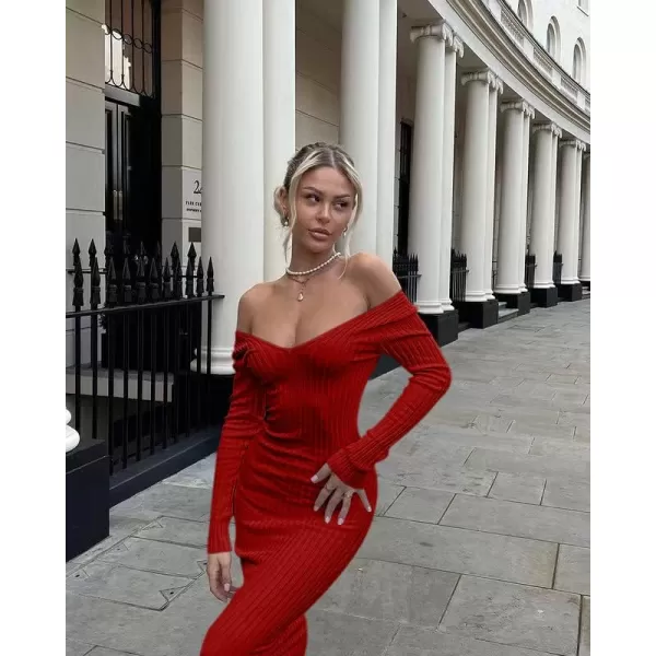 BEAGIMEG Womens Sexy Long Sleeve Off Shoulder Knit Bodycon Long DressRed