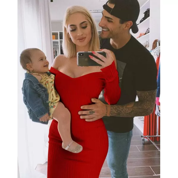 BEAGIMEG Womens Sexy Long Sleeve Off Shoulder Knit Bodycon Long DressRed