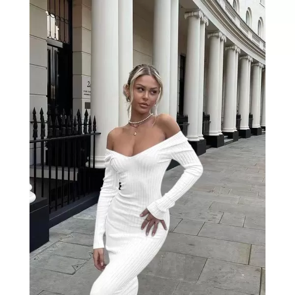 BEAGIMEG Womens Sexy Long Sleeve Off Shoulder Knit Bodycon Long DressWhite