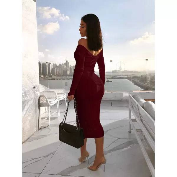 BEAGIMEG Womens Sexy Long Sleeve Off Shoulder Knit Bodycon Long DressWinered