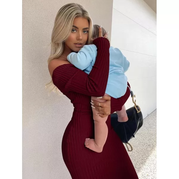 BEAGIMEG Womens Sexy Long Sleeve Off Shoulder Knit Bodycon Long DressWinered