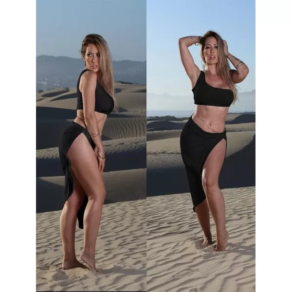 BEAGIMEG Womens Sexy One Shoulder Long Bodycon Slit Skirt 2 Pieces DressBlack