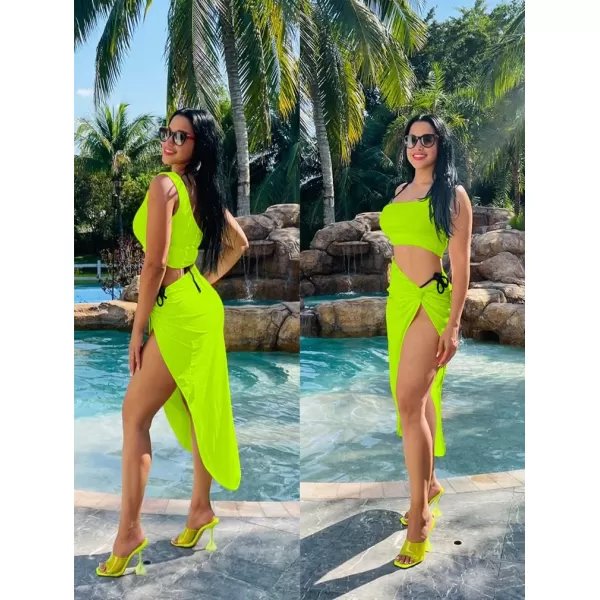 BEAGIMEG Womens Sexy One Shoulder Long Bodycon Slit Skirt 2 Pieces DressFluogreen