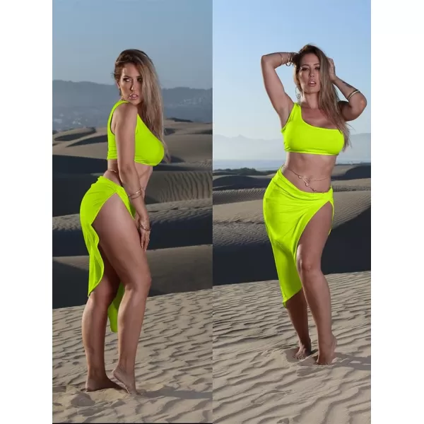 BEAGIMEG Womens Sexy One Shoulder Long Bodycon Slit Skirt 2 Pieces DressFluogreen
