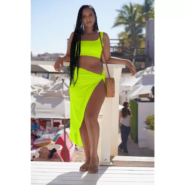 BEAGIMEG Womens Sexy One Shoulder Long Bodycon Slit Skirt 2 Pieces DressFluogreen