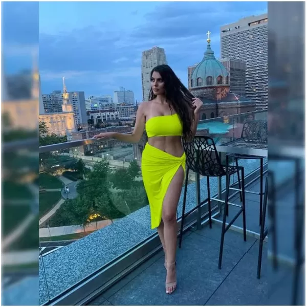 BEAGIMEG Womens Sexy One Shoulder Long Bodycon Slit Skirt 2 Pieces DressFluogreen