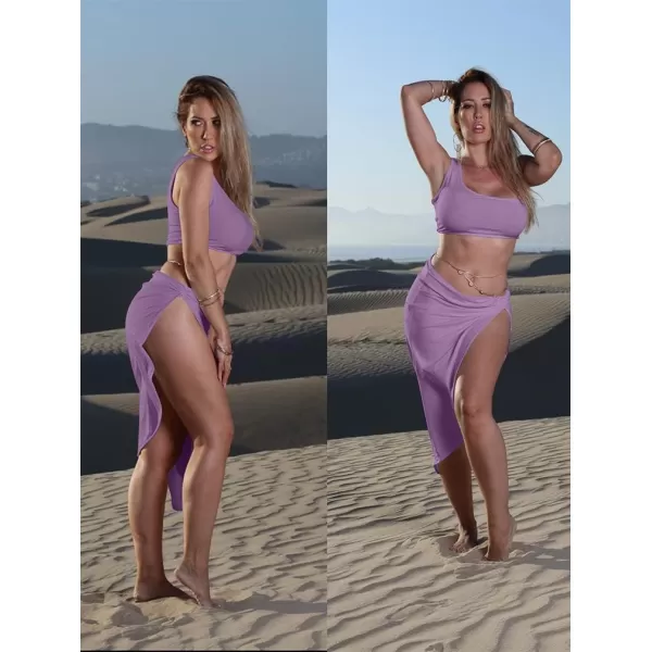 BEAGIMEG Womens Sexy One Shoulder Long Bodycon Slit Skirt 2 Pieces DressLavender