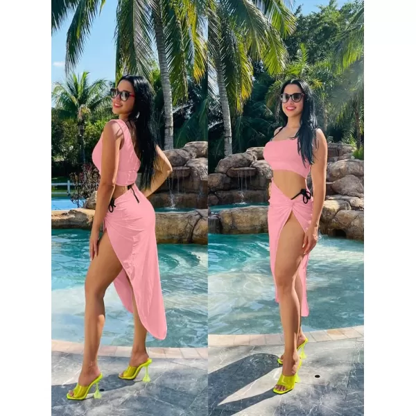 BEAGIMEG Womens Sexy One Shoulder Long Bodycon Slit Skirt 2 Pieces DressPink