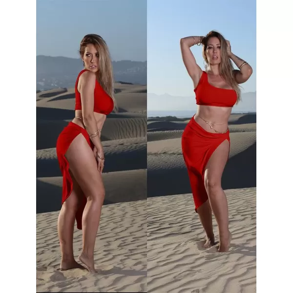 BEAGIMEG Womens Sexy One Shoulder Long Bodycon Slit Skirt 2 Pieces DressRed