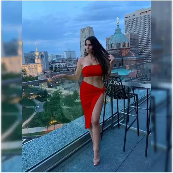 BEAGIMEG Womens Sexy One Shoulder Long Bodycon Slit Skirt 2 Pieces DressRed