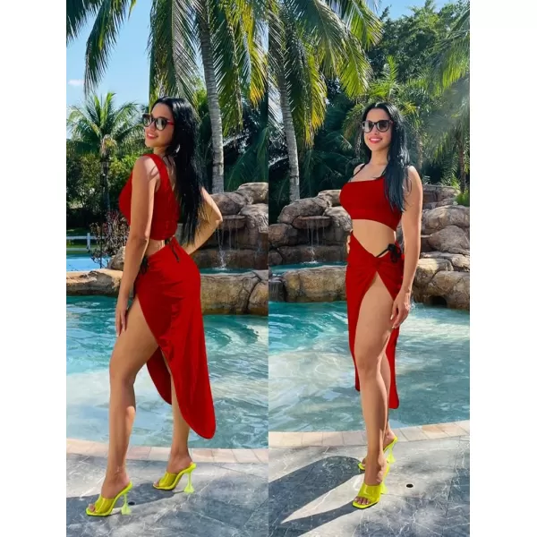 BEAGIMEG Womens Sexy One Shoulder Long Bodycon Slit Skirt 2 Pieces DressRed