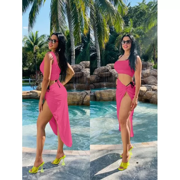 BEAGIMEG Womens Sexy One Shoulder Long Bodycon Slit Skirt 2 Pieces DressRose