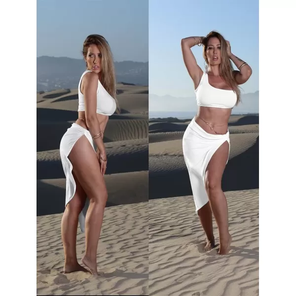 BEAGIMEG Womens Sexy One Shoulder Long Bodycon Slit Skirt 2 Pieces DressWhite