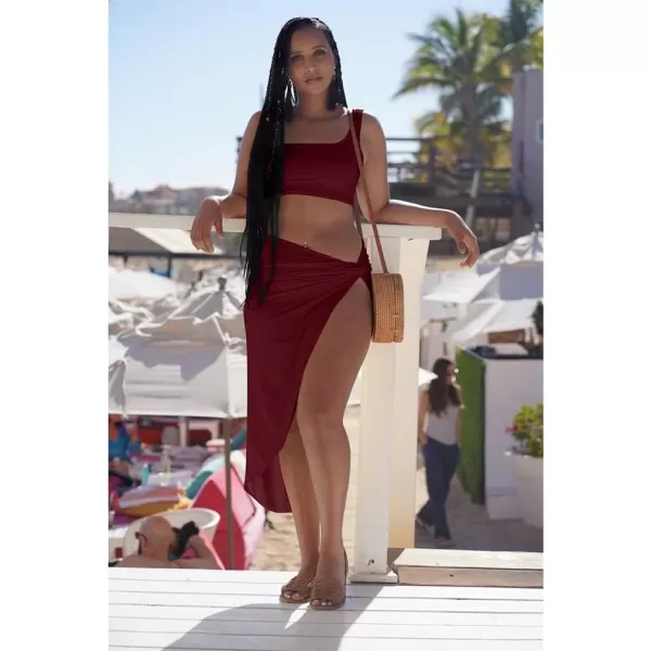 BEAGIMEG Womens Sexy One Shoulder Long Bodycon Slit Skirt 2 Pieces DressWine Red