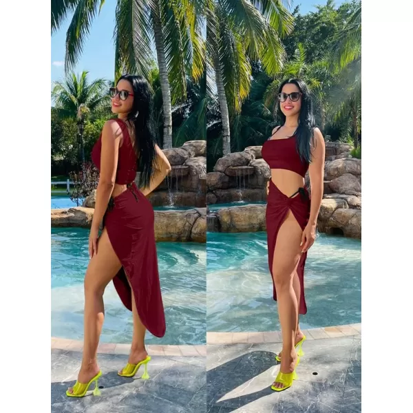 BEAGIMEG Womens Sexy One Shoulder Long Bodycon Slit Skirt 2 Pieces DressWine Red