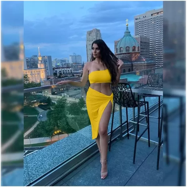 BEAGIMEG Womens Sexy One Shoulder Long Bodycon Slit Skirt 2 Pieces DressYellow