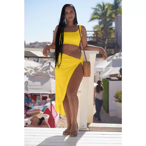 BEAGIMEG Womens Sexy One Shoulder Long Bodycon Slit Skirt 2 Pieces DressYellow