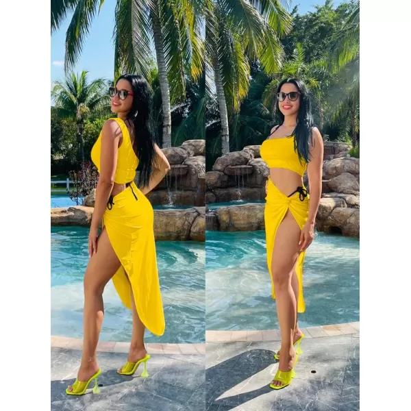 BEAGIMEG Womens Sexy One Shoulder Long Bodycon Slit Skirt 2 Pieces DressYellow