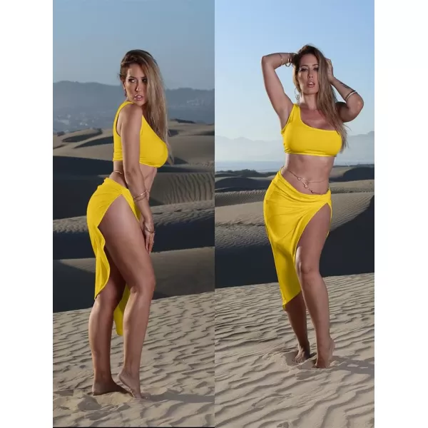 BEAGIMEG Womens Sexy One Shoulder Long Bodycon Slit Skirt 2 Pieces DressYellow