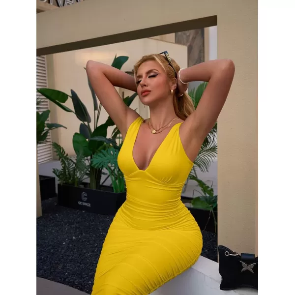 BEAGIMEG Womens Sexy Ruched Sleeveless Deep V Elegant Cocktail Evening Party Maxi DressYellow