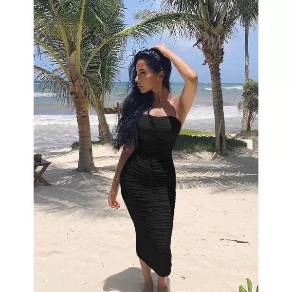BEAGIMEG Womens Sexy Ruched Strapless Bodycon Tube Maxi Long Club DressBlack