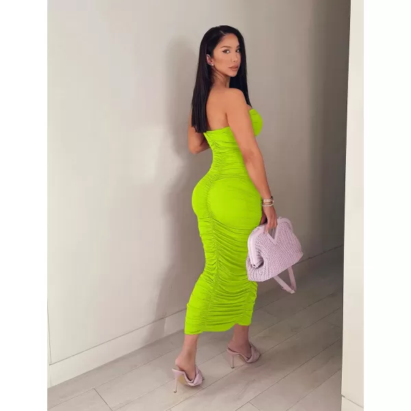 BEAGIMEG Womens Sexy Ruched Strapless Bodycon Tube Maxi Long Club DressFluogreen