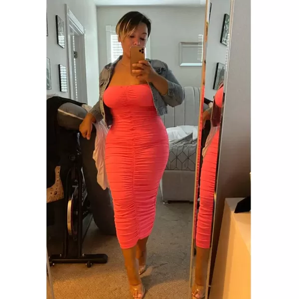 BEAGIMEG Womens Sexy Ruched Strapless Bodycon Tube Maxi Long Club DressFluorescent Pink
