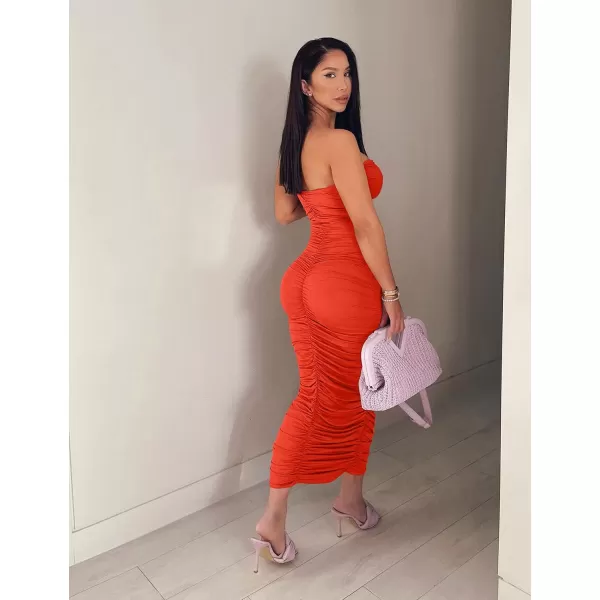 BEAGIMEG Womens Sexy Ruched Strapless Bodycon Tube Maxi Long Club DressOrange