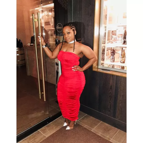 BEAGIMEG Womens Sexy Ruched Strapless Bodycon Tube Maxi Long Club DressRed